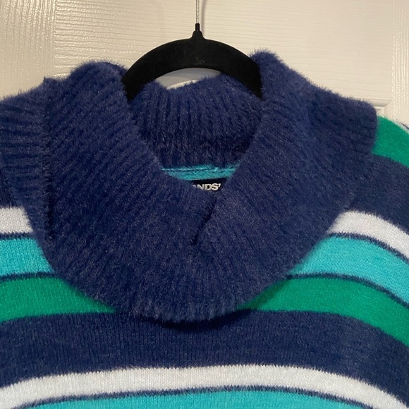 Lands End Size M Blue Stripe Fuzzy Cowl Neck Long Sleeve Pullover Sweater - Picture 2 of 11